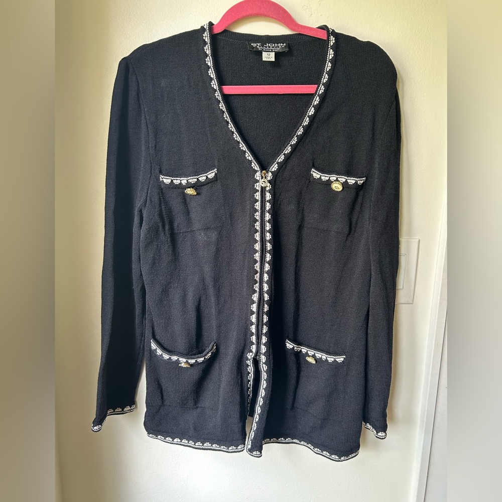 ST. JOHN by Marie Gray Jacket/Blazer Black & Ivory zig zag lining. Sz 12 Large